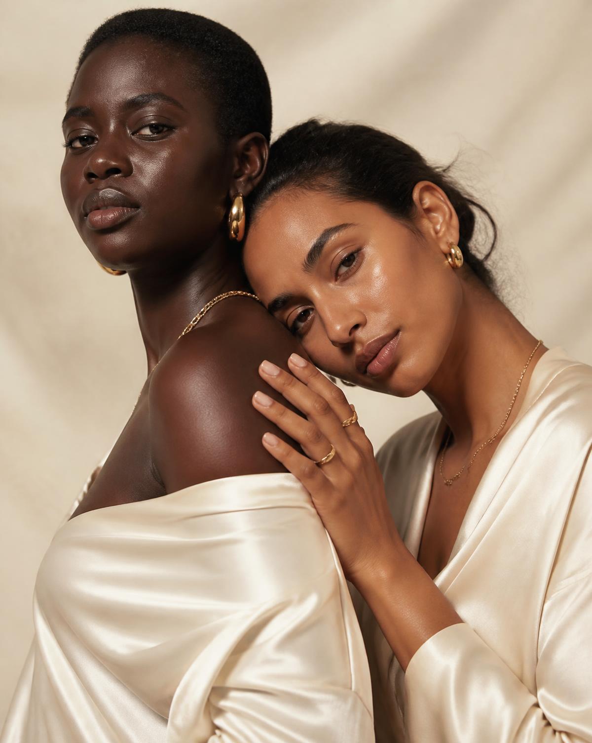 Two women of different skin tones photographed together in cream silk
