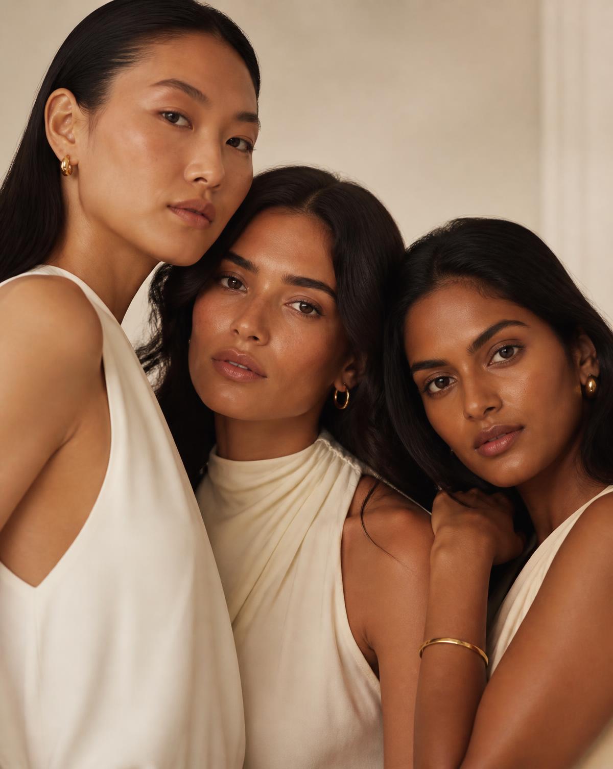 Three women in ivory and cream silk photographed together in soft editorial light