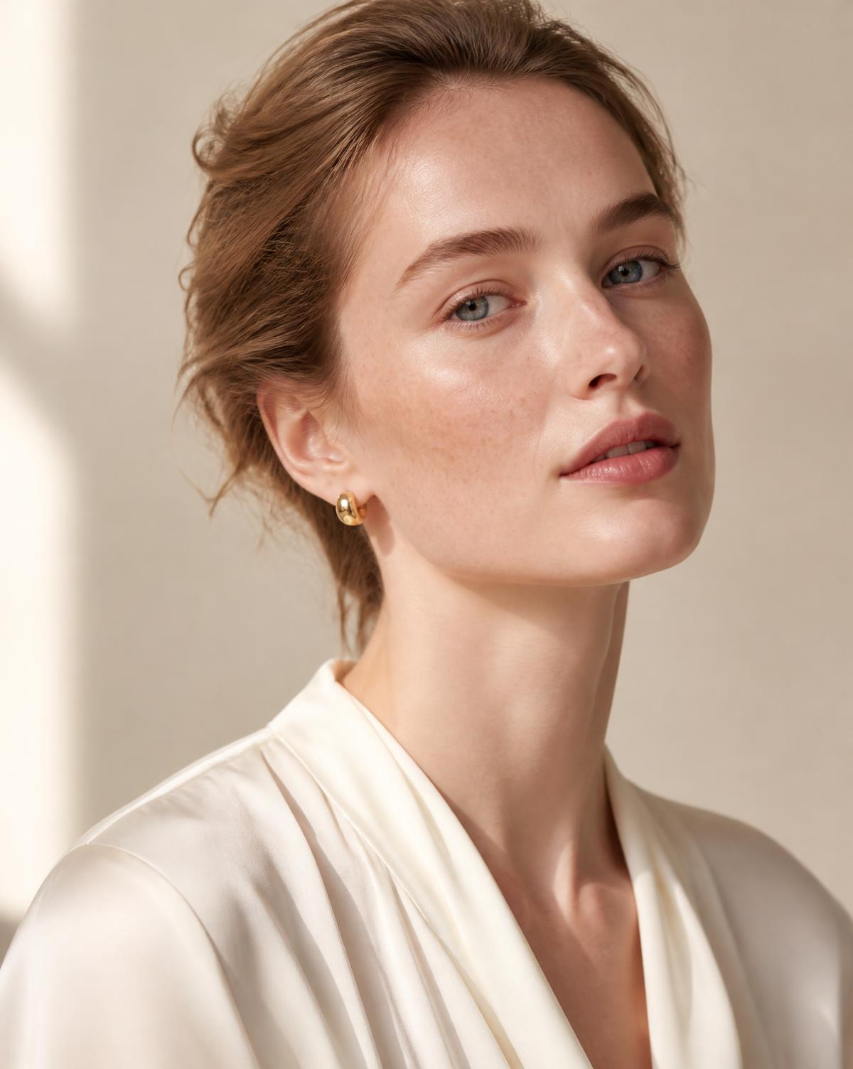 Editorial beauty portrait of a woman in ivory silk with a small gold earring, photographed in soft daylight
